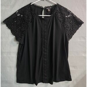 Black Crochet Lace Raglan Sleeve Blouse Keyhole Back Top Medium Dark Feminine